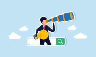 A businessman emerges from a search engine, peering into the distance while hold a lamp, illustration of efforts in monitor and analyze the proper implementation of ideas vector