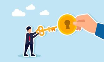 A businessman intends to insert a key into a hole on a dollar coin handed by another hand, illustration of a solution to gain business profit vector