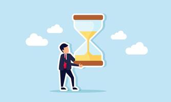A businessman carries an hourglass, illustration of observing time management in business project execution vector