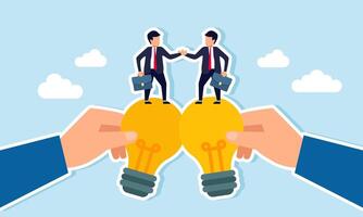 Two businessmen shake hands on top of two lamps held by hands, illustration of an agreement in business idea and innovation implementation vector