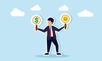 A businessman holds two boards in each hand, featuring a happy emoticon and a dollar sign, illustration of two choices between gaining profit or increasing market attention vector