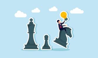 Businessman carries a lamp while riding a chess knight to move, illustration of strategy in implementing business ideas and innovations vector