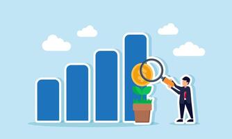 A businessman examines a chart with a blooming dollar coin plant using a magnifying glass, illustration of evaluation and analysis related to business investment performance vector