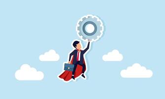 Super businessman lifts a flying gear system in the sky, illustration of maximum effort in business system efficiency vector