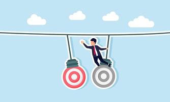A businessman hangs and tries to reach a target board-shaped lamp in front of him, illustration of shifting to the next business target vector