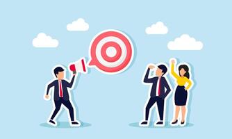 A businessman talks to another entrepreneur using a megaphone, forming a target board in a chat bubble, illustration of promotion and education for the team about business targets vector