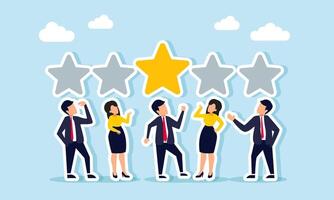 Businesspeople gather, each with a gray star above their head, except for one star retaining its original color, illustration of tendency in choosing the right product quality standard vector