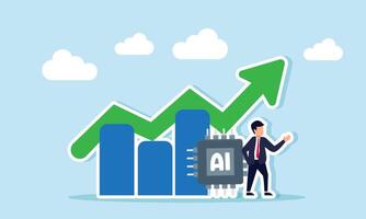 A businessman stands beside an AI processor chip and a rising chart, illustration of success in optimizing the role and use of AI technology vector
