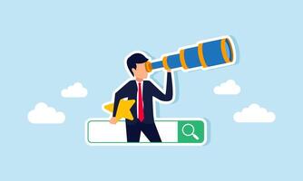 A businessman emerges from a search engine, peering into the distance while hold a star, illustration of efforts in monitor and analyze the improve of business service quality vector