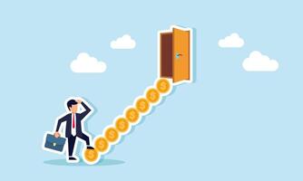 A businessman prepares to climb stairs formed by a row of dollar coins leading to a door, illustration of step by step in achieving financial freedom vector