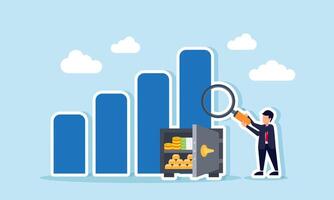 A businessman examines a chart with a money vault and gold using a magnifying glass, illustration of evaluation and analysis related to business asset value vector