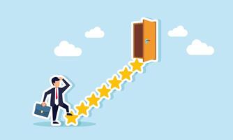A businessman prepares to climb stairs formed by a row of stars leading to a door, illustration of step by step in improving business service quality vector