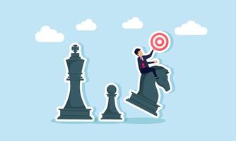 Businessman carries a target board while riding a chess knight to move, illustration of strategy in efficiently achieving business targets vector