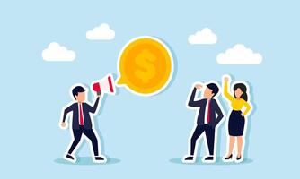 A businessman talks to another entrepreneur use a megaphone, forming a dollar coin in a chat bubble, illustration of promote and education for the team on business financial management vector