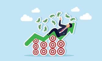 A businessman sleeps with money scattered over a rise green chart formed by stacked target boards, illustration of improved business target achievement impact financial performance vector