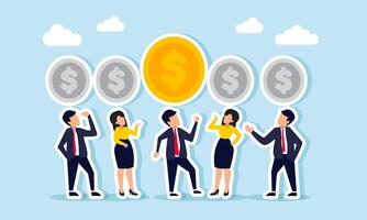 Businesspeople gather, each with a gray dollar coin above their head, except for one retaining its original color, illustration of tendency in choosing investors vector