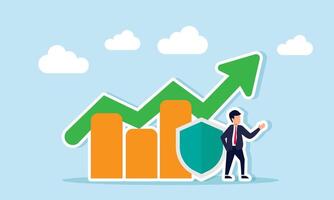 A businessman stands beside a shield and a rising chart, illustration of insurance in operational business performance improvement vector