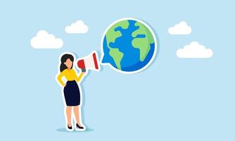 A businesswoman speaks through a megaphone, generating a globe-shaped chat dialogue, illustration of education and socialization on the importance of mastering the global market vector