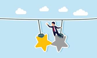 A businessman hangs and tries to reach a star-shaped lamp in front of him, illustration of shifting to product or service quality standardization in another business vector