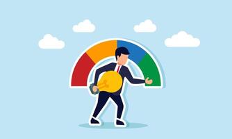 A businessman carries a lit lamp and points at the green indicator on a speedometer, illustration of the proper application of business ideas and innovations vector