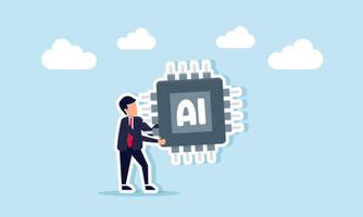 A businessman carries an AI processor chip, illustration of AI technology usage in business operations vector