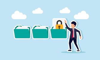 A businessman takes a lock-marked document from a folder, illustration of confidential business documents vector