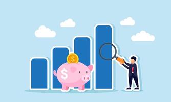 A businessman examines a chart with a piggy bank using a magnifying glass, illustration of evaluation and analysis related to business financial management vector
