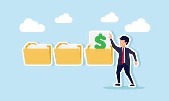 A businessman takes a dollar-marked document from a folder, illustration of business financial documents vector