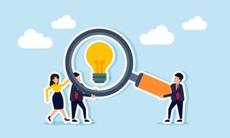 Businesspeople collaborate to lift a magnifying glass labeled with a lamp, illustration of evaluation and analysis related to the implementation of business ideas and innovations vector
