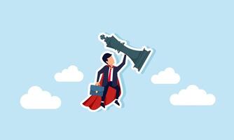 Super businessman lifts a flying king chess piece in the sky, illustration of maximum effort in improving business performance vector