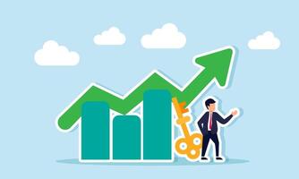 A businessman stands beside a key and a rising chart, illustration of the key to success in running a business vector