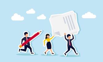 Businessman carries a pencil chasing a businessman and businesswoman running together lifting a work document, illustration of a deadline in completing task lists vector