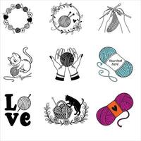 Knitting and Floral Illustration Collection with Yarn Clipart Bundle vector