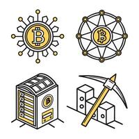 Four icons depicting bitcoin mining, mining equipment, and a bitcoin mining machine vector