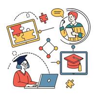 A woman is using a laptop and a graduation cap vector