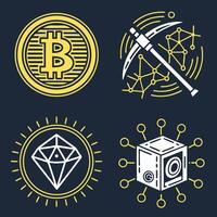 Four different icons for bitcoin, bitcoin mining, and mining vector