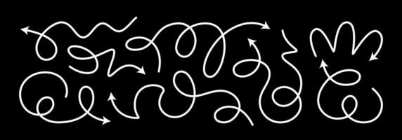 Arrow line set. Curved shape doodle brush element arow. Squiggly scribble direction up down abstract pointer. Change plan abstract stroke graphic sign. Curly circle looped spiral swirl map path vector