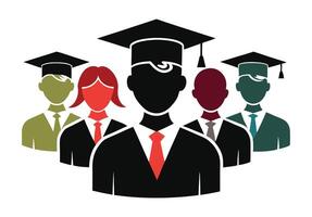 This graphic depicts three stylized figures of graduating students, wearing academic regalia and graduation caps, within a circular frame. vector