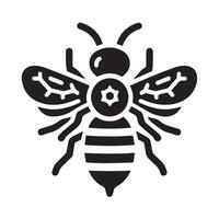 A stylized, graphic black and white bee illustration, surrounded by floral elements. vector
