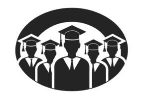 A black and white graphic design showcases three graduating students within a circular laurel wreath. vector