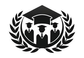 A stylized graphic design featuring three graduates in academic regalia, wearing graduation caps and gowns, standing together in a circle. vector