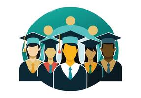 A simple, black and white graphic showcasing a group of graduating students. vector