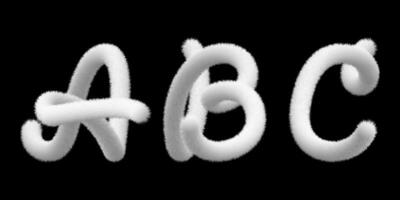 3d snow white letter, fur ball. Cat tail, animal hair alphabet. Fluffy font bubble typescript text. Furry pompon typography. Hairy capital script, fuzzy soft plush character. Puffy toy texture vector