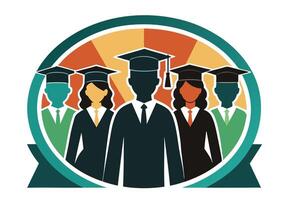 A simple, black and white graphic shows three figures in graduation attire. vector