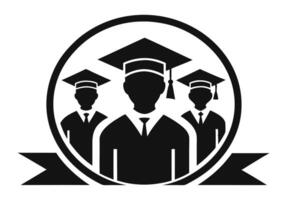 A stylized graphic depicts a group of graduating students, wearing graduation caps and gowns, arranged in a row. vector