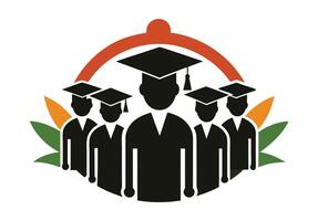 This graphic shows a group of graduates, each wearing a graduation cap and gown, positioned within a circular network. vector