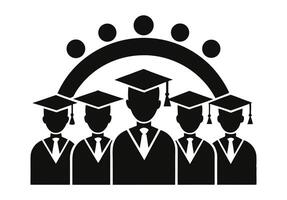 Silhouette image of multiple graduates wearing graduation caps and gowns. vector
