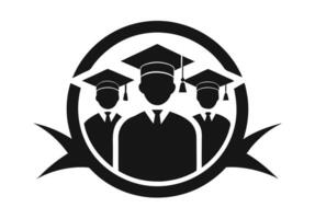 A simple, black and white graphic of five graduating students in academic regalia, silhouetted within a circular frame. vector