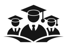 A stylized graphic of several graduates wearing academic caps and gowns, positioned over an open book. vector