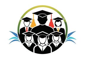 This black and white icon depicts three graduating students in academic regalia, positioned within a laurel wreath. vector